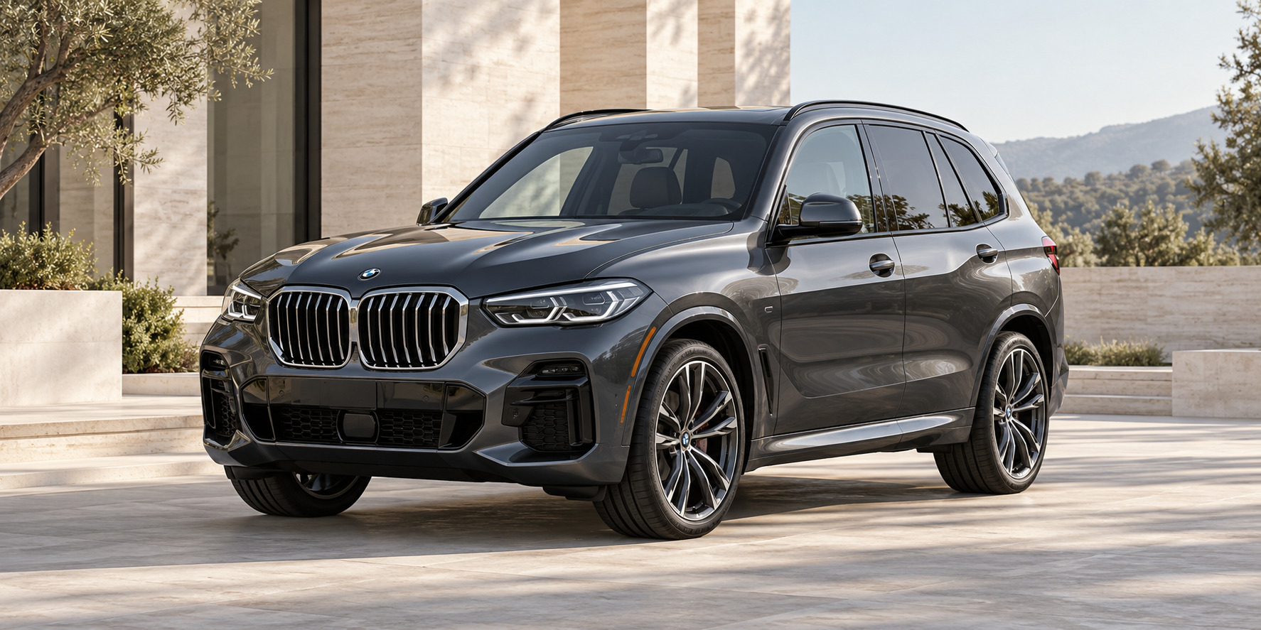 Illustration of a graphite BMW SUV beside limestone architecture